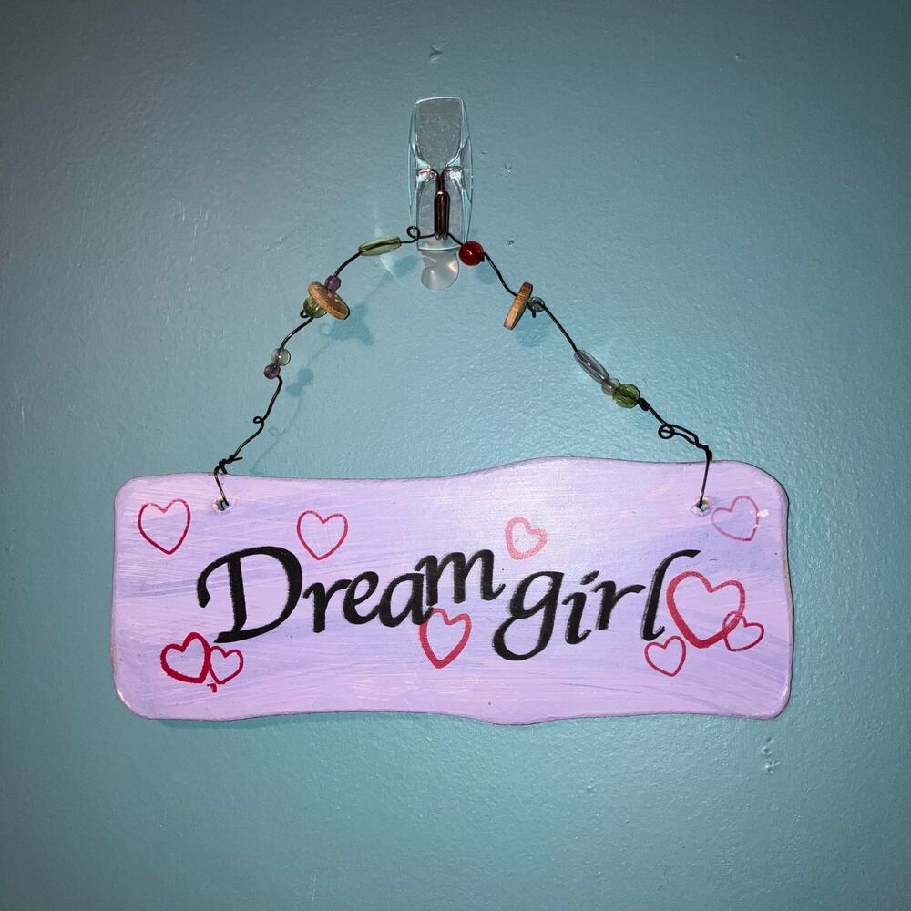 Y2K purple dream girl hanging sign with hearts, fairy romantic coquette whimsy